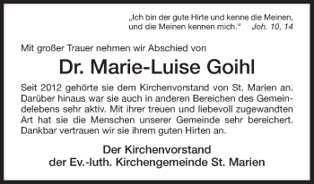 Traueranzeige von Marie-Luise Goihl von Uelzen