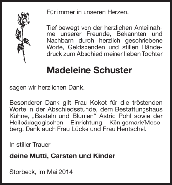 Traueranzeige von Madeleine Schuster von Uelzen