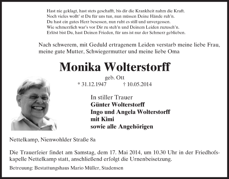  Traueranzeige für Monika Wolterstorff vom 13.05.2014 aus Uelzen