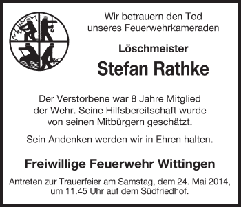 Traueranzeige von Stefan Rathke von Uelzen