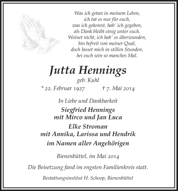 Traueranzeige von Jutta Hennings von Uelzen