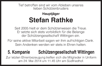 Traueranzeige von Stefan Rathke von Uelzen