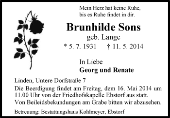 Traueranzeige von Brunhilde Sons von Uelzen