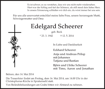 Traueranzeige von Edelgard Scheerer von Uelzen