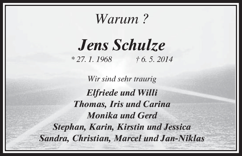  Traueranzeige für Jens Schulze vom 14.05.2014 aus Uelzen