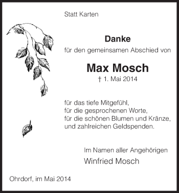 Traueranzeige von Max Mosch von Uelzen