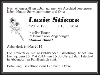 Traueranzeige von Luzie Stiewe von Uelzen