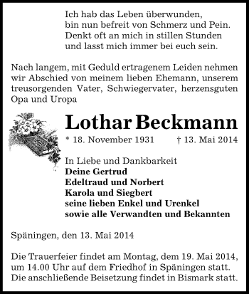 Traueranzeige von Lothar Beckmann von Uelzen