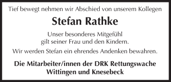 Traueranzeige von Stefan Rathke von Uelzen