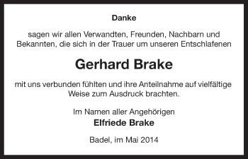 Traueranzeige von Gerhard Brake von Uelzen