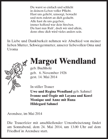 Traueranzeige von Margot Wendland von Uelzen