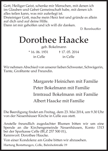 Traueranzeige von Dorothee Haacke von Uelzen