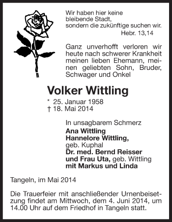 Traueranzeige von Volker Wittling von Uelzen