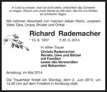 Traueranzeige von Richard Rademacher von Uelzen