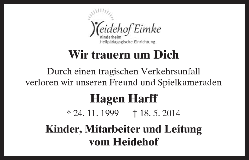  Traueranzeige für Hagen Harff vom 22.05.2014 aus Uelzen