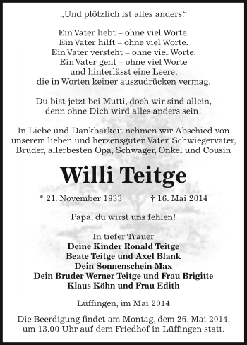 Traueranzeige von Willi Teitge von Uelzen