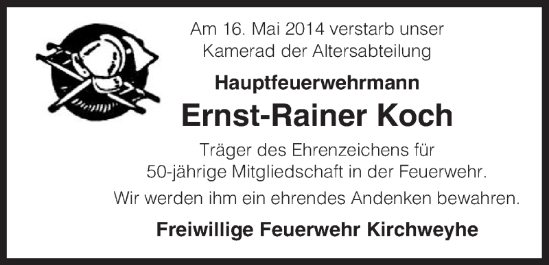  Traueranzeige für Ernst-Rainer Koch vom 22.05.2014 aus Uelzen