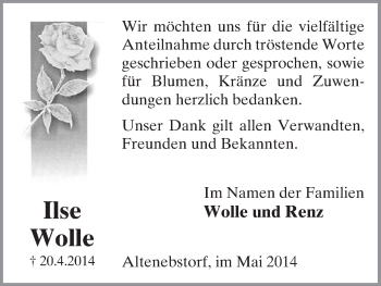 Traueranzeige von Ilse Wolle von Uelzen