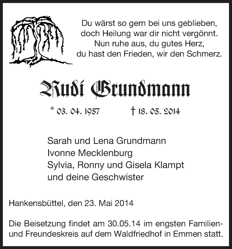  Traueranzeige für Rudi Grundmann vom 23.05.2014 aus Uelzen
