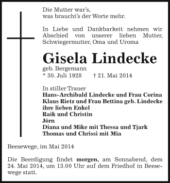 Traueranzeige von Gisela Lindecke von Uelzen