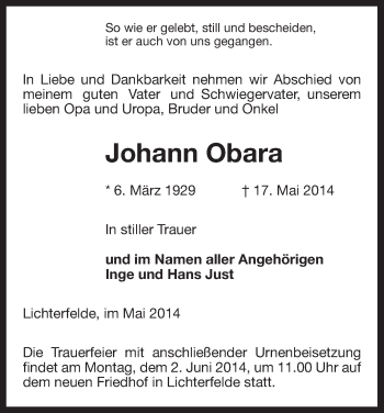 Traueranzeige von Johann Obara von Uelzen