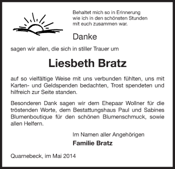 Traueranzeige von Liesbeth Bratz von Uelzen