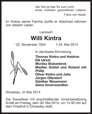 Traueranzeige von Willi Kintra von Uelzen