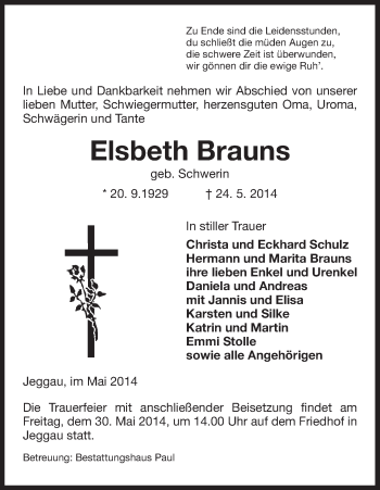 Traueranzeige von Elsbeth Brauns von Uelzen