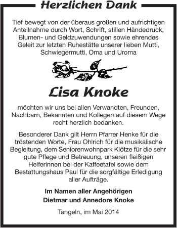 Traueranzeige von Lisa Knoke von Uelzen