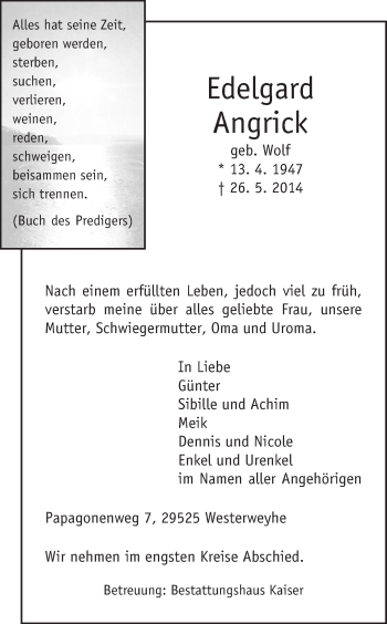 Traueranzeige von Edelgard Angrick von Uelzen