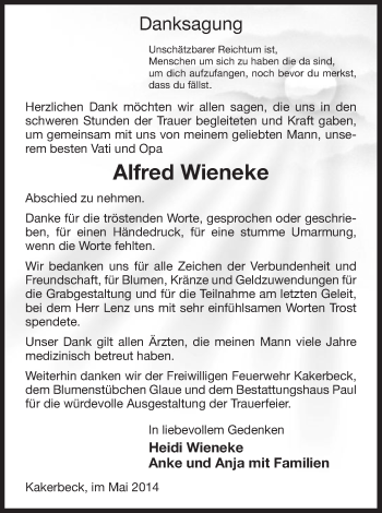 Traueranzeige von Alfred Wieneke von Uelzen