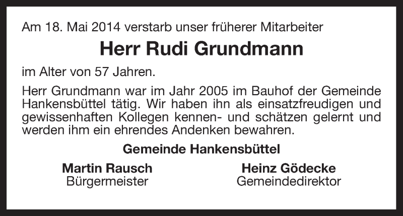  Traueranzeige für Rudi Grundmann vom 30.05.2014 aus Uelzen