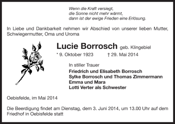 Traueranzeige von Lucie Borrosch von Uelzen