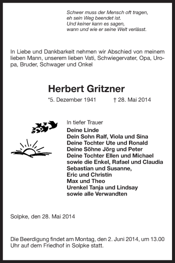 Traueranzeige von Herbert Gritzner von Uelzen