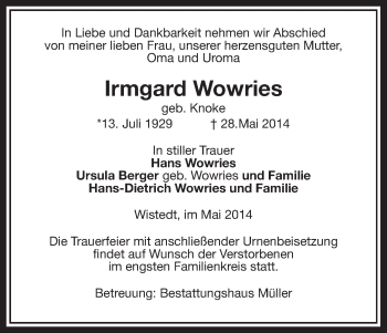 Traueranzeige von Irmgard Wowries von Uelzen