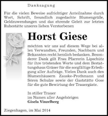 Traueranzeige von Horst Giese von Uelzen