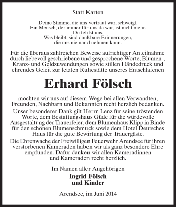 Traueranzeige von Erhard Fölsch von Uelzen