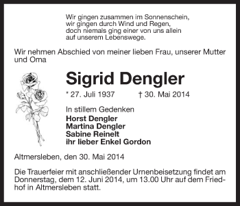 Traueranzeige von Sigrid Dengler von Uelzen