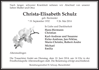 Traueranzeige von Christa-Elisabeth Schulz von Uelzen