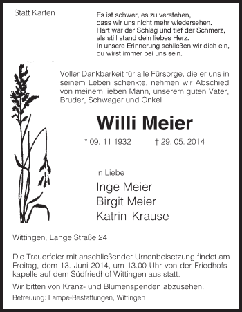 Traueranzeige von Willi Meier von Uelzen