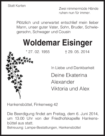 Traueranzeige von Woldemar Eisinger von Uelzen