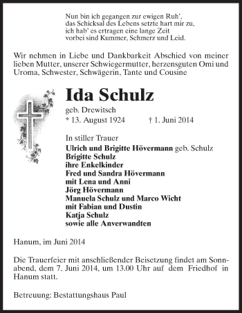 Traueranzeige von Ida Schulz von Uelzen