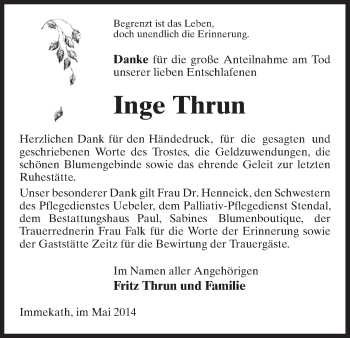 Traueranzeige von Inge Thrun von Uelzen