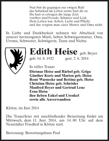 Traueranzeige von Edith Heise von Uelzen