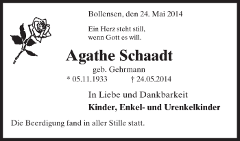 Traueranzeige von Agathe Schaadt von Uelzen