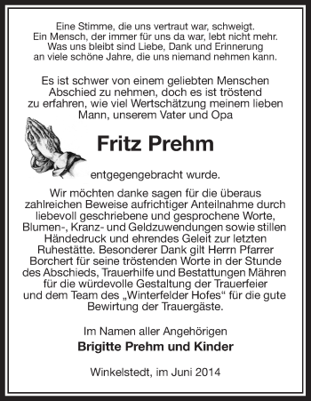 Traueranzeige von Fritz Prehm von Uelzen