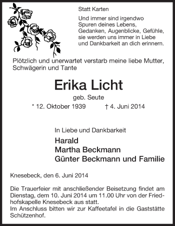 Traueranzeige von Erika Licht von Uelzen