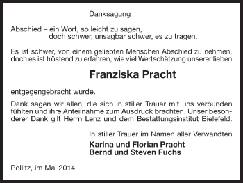 Traueranzeige von Franziska Pracht von Uelzen