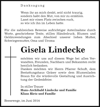 Traueranzeige von Gisela Lindecke von Uelzen