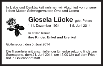 Traueranzeige von Giesela Lücke von Uelzen